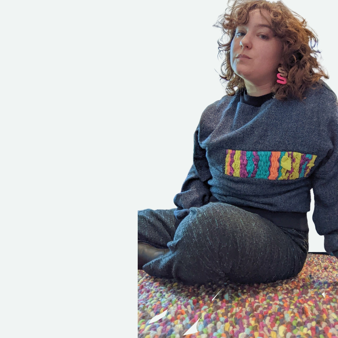 Wool Sweater in Navy Tweed with Handwoven Detail