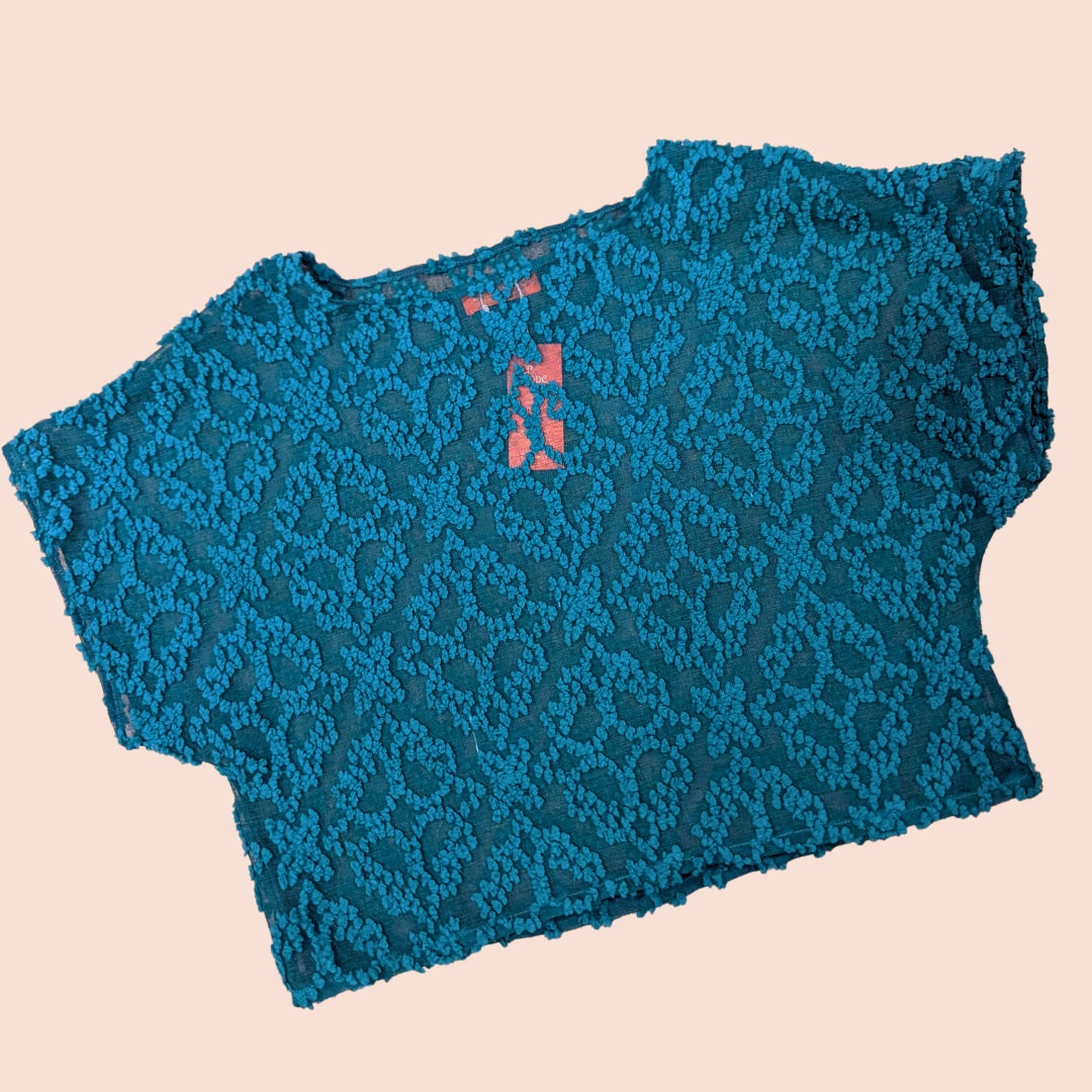 Damask Sheer Top in a Teal Velvety Bouclé