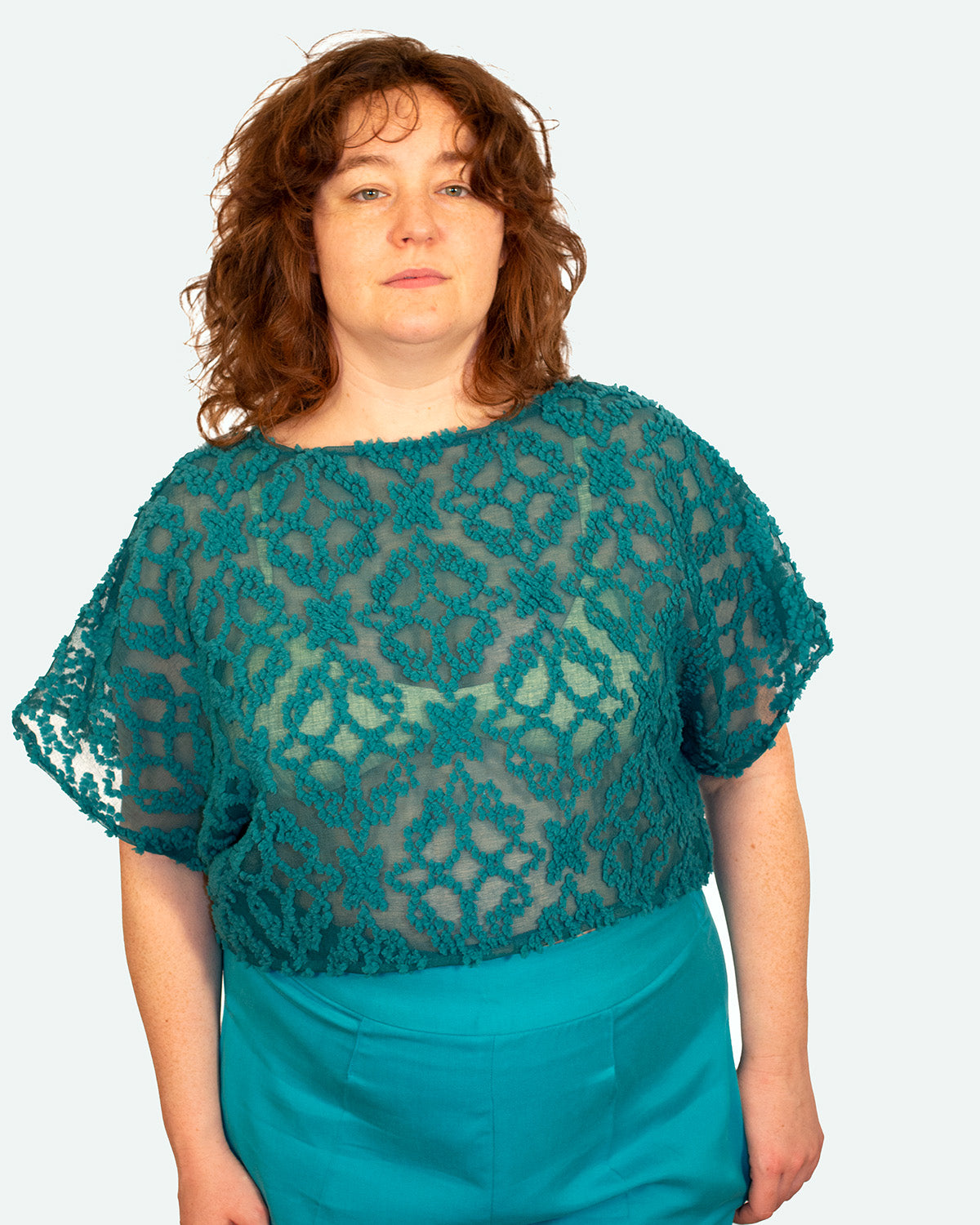 Damask Sheer Top in a Teal Velvety Bouclé