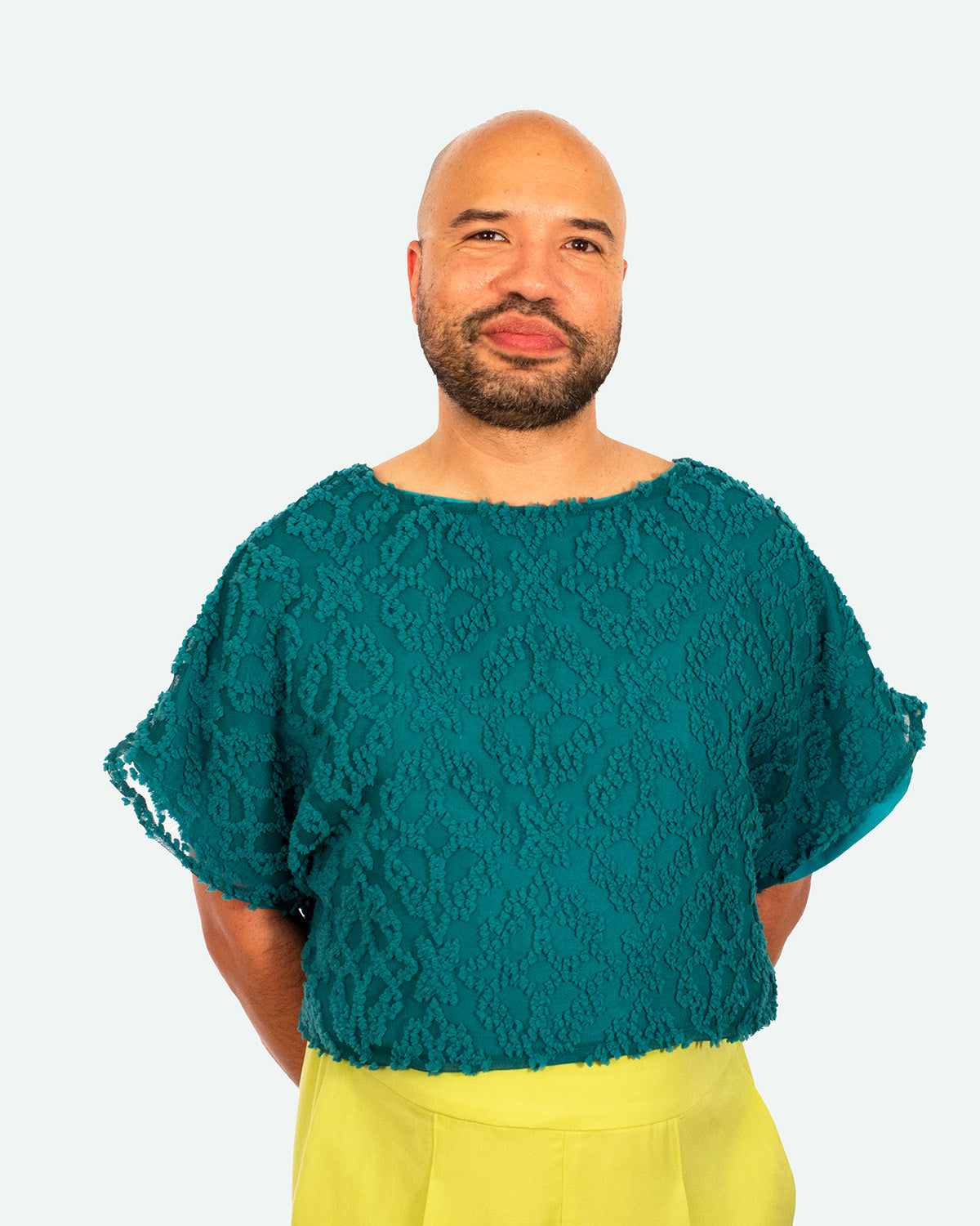 Damask Sheer Top in a Teal Velvety Bouclé