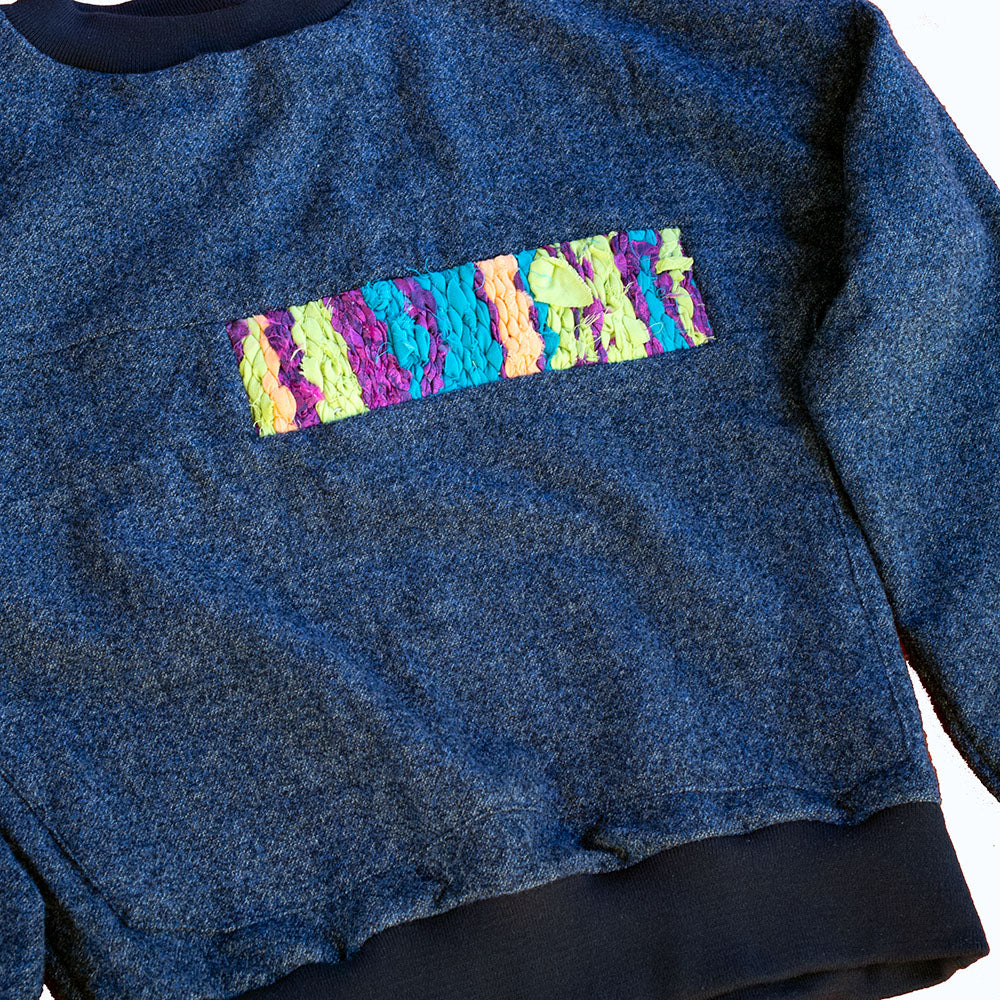 Wool Sweater in Navy Tweed with Handwoven Detail