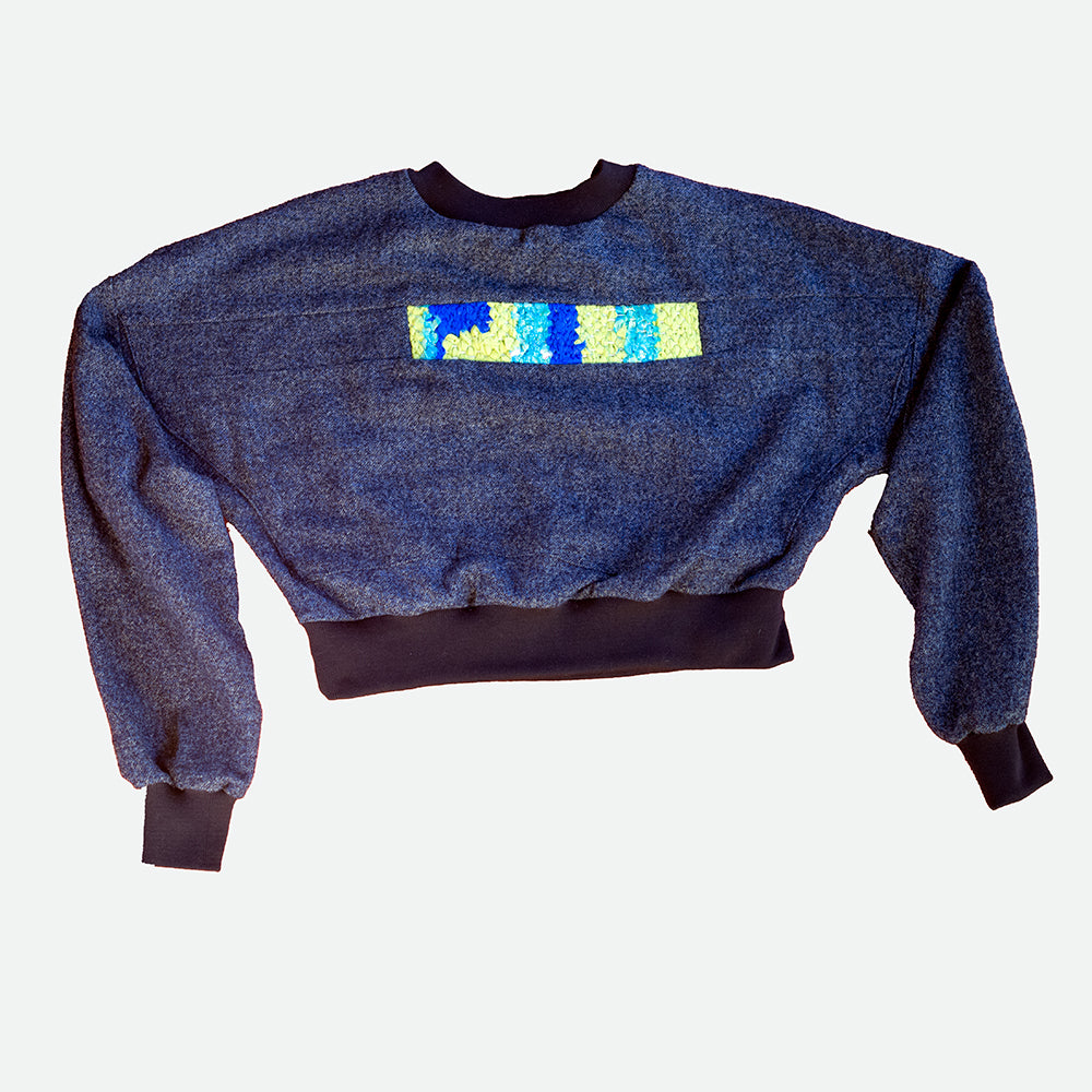 Wool Sweater in Navy Tweed with Handwoven Detail