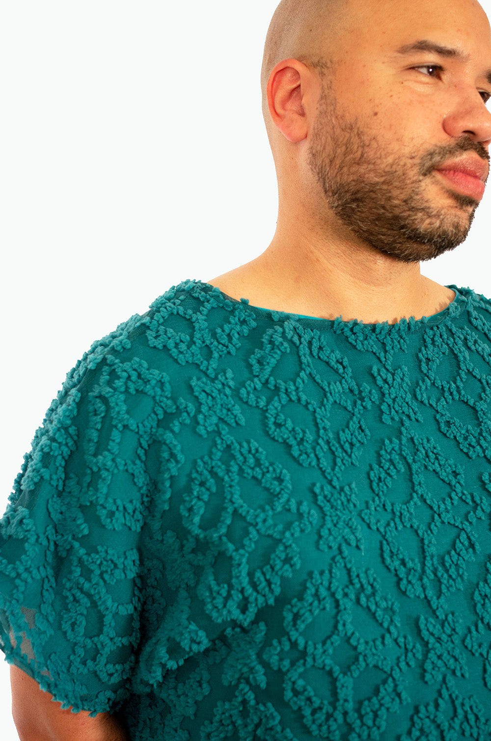 Damask Sheer Top in a Teal Velvety Bouclé