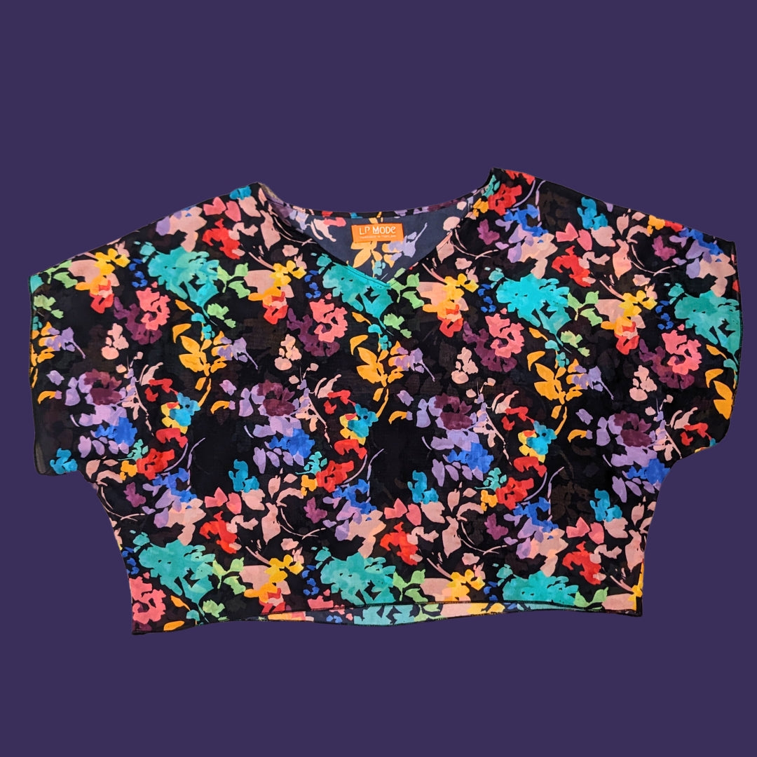 Crop Top in Bright Florals & Black Sheer