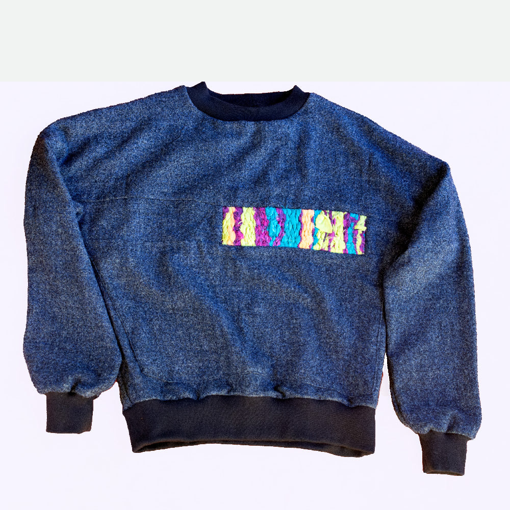 Wool Sweater in Navy Tweed with Handwoven Detail