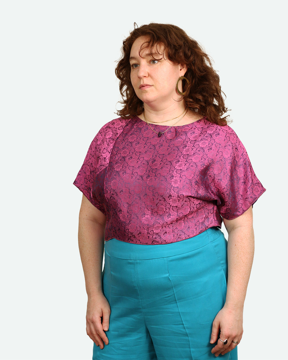 Silk Top in Iridescent Pink Cherry Blossom Brocade