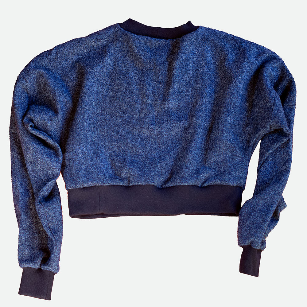 Wool Sweater in Navy Tweed with Handwoven Detail