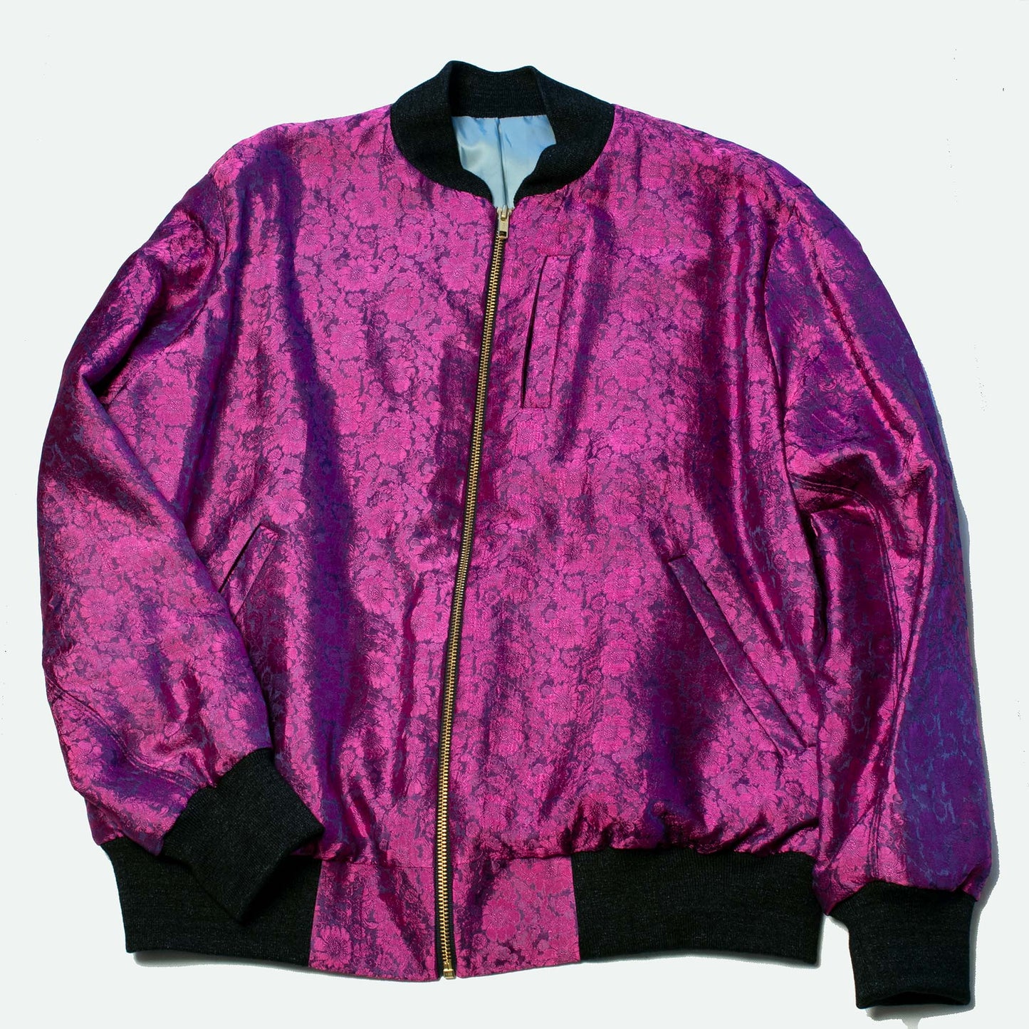 Bomber Jacket in Iridescent Pink Floral Brocade Silk